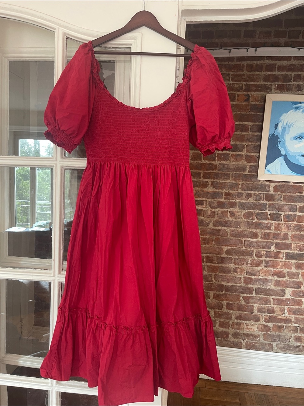 Hill House Red Puff-Sleeve Smocked Midi Dress